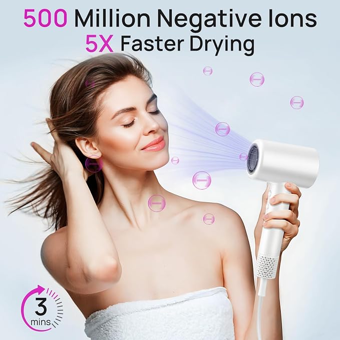CONFU Hair Dryer, 110000 RPM Fast Drying Blow Dryer with Magnetic Diffuser and Concentrator, Professional Lightweight Ionic Hair Dryer for Women and Men White