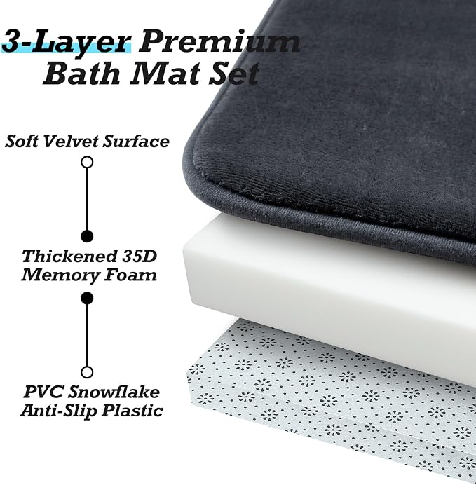 HUXMEYSON Bathroom Rugs Sets 3 Piece, Non-Slip & Quick Dry Bath Mat Set, Ultra Soft Velvet Bath Rugs for Bathroom, Toilet and Shower Floor, Dark Grey
