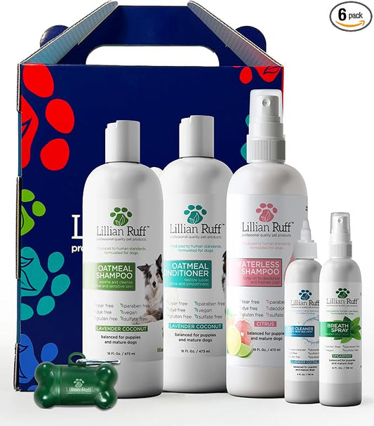 Lillian Ruff Starter Pack Gift Set for Dogs | Oatmeal Shampoo, Oatmeal Conditioner, Waterless Shampoo Citrus, Ear Cleaner & Otic Wax Solvent, Breath Spray, Leash Clip Waste Bag Dispenser with 15 Bags