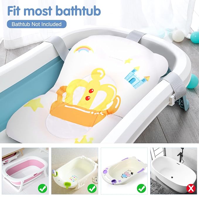 Colorlife Baby Bath Seat Support Net Infant Bathing Seat Support Mat, Adjustable Comfortable Non-Slip Three-Pointed Baby Shower Net Bathtub Sit Up Mesh for Newborn 0-12 Months-White Crown(No Bathtub)
