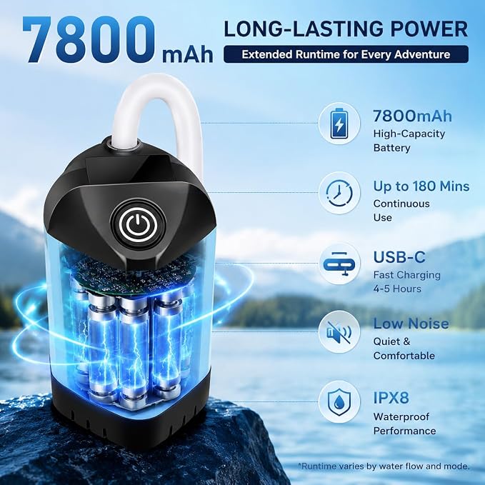 Portable Shower for Camping, 7800mAh Rechargeable Camping Shower Pump with USB-C, IPX8 Waterproof Outdoor Shower Kit with 3 Spray Modes, Portable Shower Head for Camp, RV, Beach, Pet Washing & Hiking