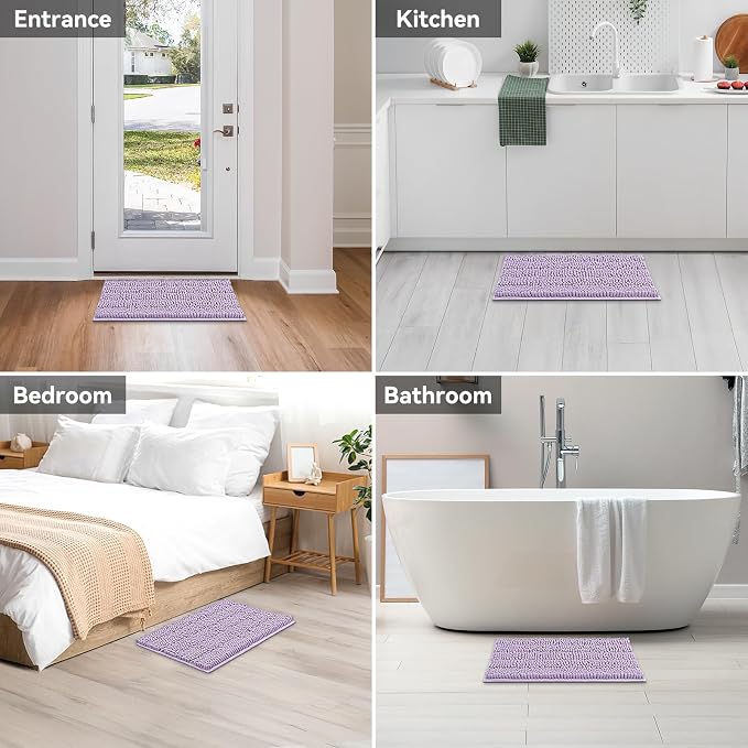 Bcoimo 24"×17" Chenille Bath Mat – Non-Slip with Backing Bath Rug Ultra-Absorbent and Machine Washable Bathroom Mat Quick-Dry Design. Ideal for Bathroom Shower and Tub Areas
