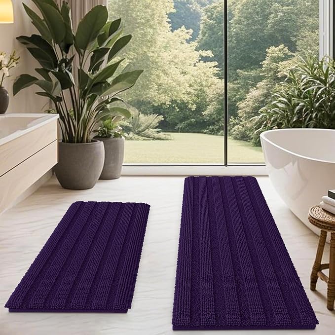 ACCUMTEK Striped Eggplant Purple Bathroom Rug Mat Set 2 piece 24"x17"+48"x20" Ultra Soft, Non Slip Chenille Bath Rugs, Absorbent Plush Shaggy Bath Mats for Bathroom, Bedroom, Kitchen, Shower, Tub