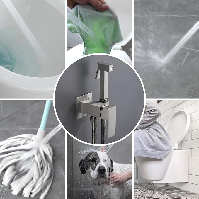 SHAMANDA Warm Water Bidet Sprayer for Toilet with Hot and Cold Brass Rough-in Valve, Stainless Steel Handheld Bidet Attachment Set for Feminine, Pets and Baby Diaper Wash, Brushed Nickel, BDS08-2