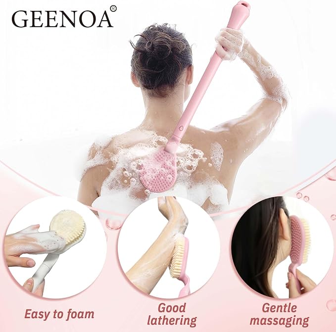 Back Scrubber for Shower & Silicone Bath Glove Set, 19’’ Detachable Long Handle Body Scrubber Wet or Dry Brush, Adjustable 2-in-1 Back & Body Brush with Soft Bristles for Deep Cleaning(White)