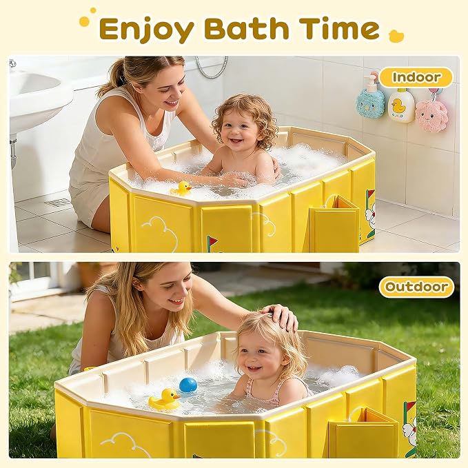 Collapsible Baby Bathtub, Portable Toddler Bathtub with Dual Drain, Foldable Baby Bath Tub for Shower Without Assembly, Small Water Play Pool for Travel & Home, Age 1-5