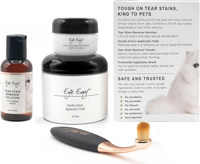 Eye Envy Cat Tear Stain Remover Starter Kit with ProPowder Brush. Stain Solution, Applicator Pads, Stain Powder, and Small Applicator Brush. Tear Stain Cleaning Kit. Lasts 30-45 Days. Made in USA.