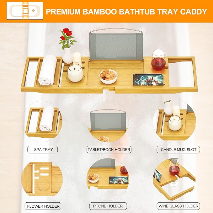 Banlilu Premium Natural Bamboo Expandable Bathtub Tray Caddy, Luxury Spa-Like Experience, Adjustable, Sturdy, Non-Slip, Foldable