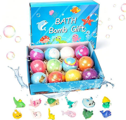 Playfizz Bath Bombs for Women, 12 PCS Handmade Bubble Bathbombs with Toys Inside, Shea & Coco Butter Dry Skin Moisturize, Perfect for Bubble Spa Bath, Bath Bomb Gift for Women, Girls, Wife