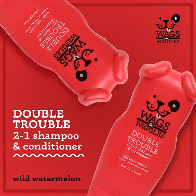 Wags & Wiggles Double Trouble 2-in-1 Dog Shampoo and Conditioner, Fruity Watermelon Scent - Cleansing and Conditioning Formula with Jojoba Oil and Wheat Protein, 16 Fl Oz