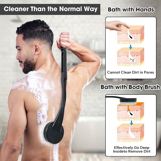 Gobiteli Back Scrubber for Shower,20.5" Long Handle Shower Brush for Body for Deep Clean,Back Brush for Shower for Men Women(Black)
