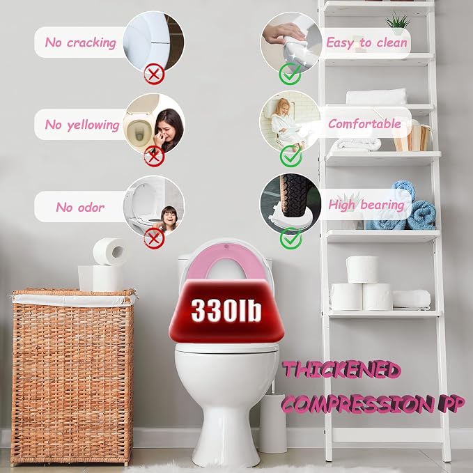 Potty Training Seat Built-in Toilet Seat, Round Toilet Seat 16.5inch with Baby Seat 2 in 1 Soft Close Quiet No Slapping, Magnetic Absorption, Easy Installation for Bottom Fixing Toilet，White and Pink