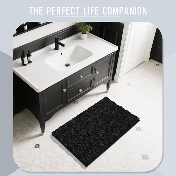 Yimobra Bathroom Rug Mat 32 x 20, Non Slip and Super Absorbent Bath Mat,Machine Washable Quick Dry,Ultra Plush Chenille Shower Rugs for Bathroom Floor Sink Tub and Shower Outside,Black