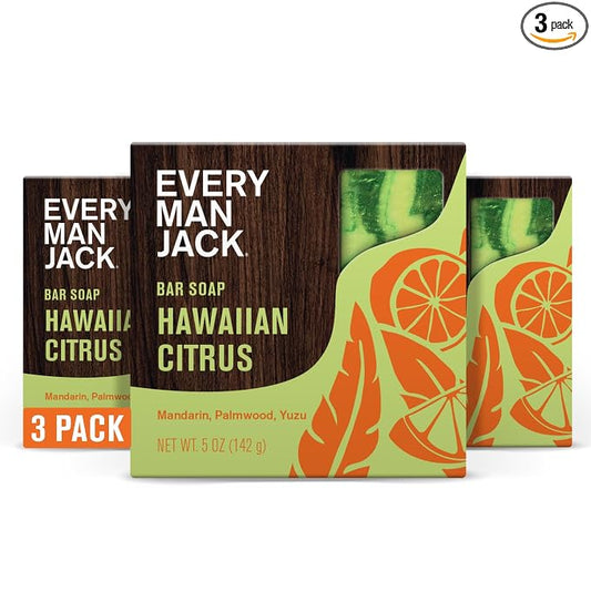 Every Man Jack Cold Processed Mens Bar Soap - Hawaiian Citrus Scent - Deeply Cleans & Hydrates w/Naturally Derived Ingredients - (3 Pack)