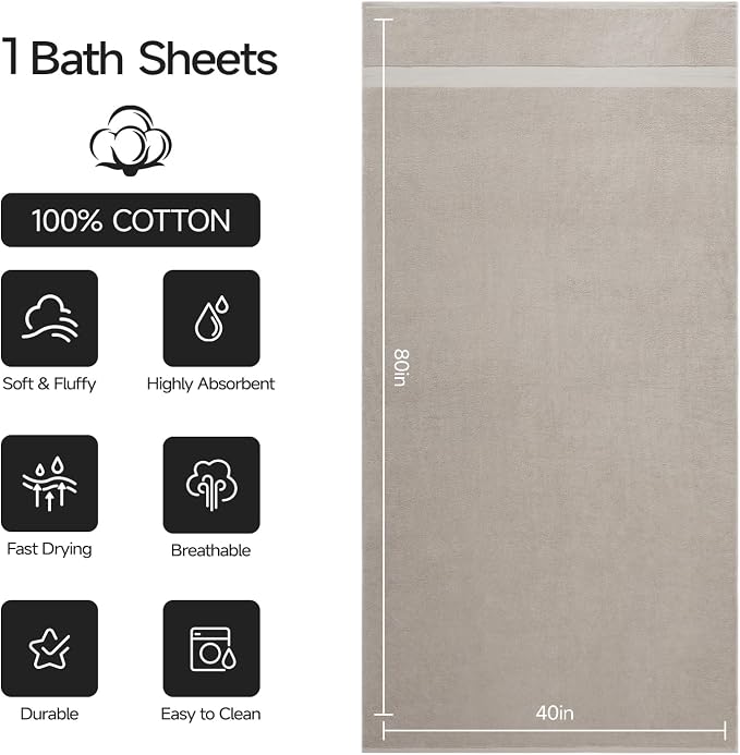 REDKISS Jumbo Bath Sheet 1 Piece, 40x80 Inches 100% Cotton Extra Large Bath Towel for Bathroom, Beige