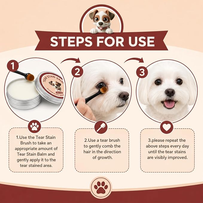 2Pcs Tear Stain Remover Balm for Dogs & Cats with Pro Powder Brush, Gently Removes Eye Gunk & Stains – Great for White Dogs, Daily Eye Cleaning, Mild Formula