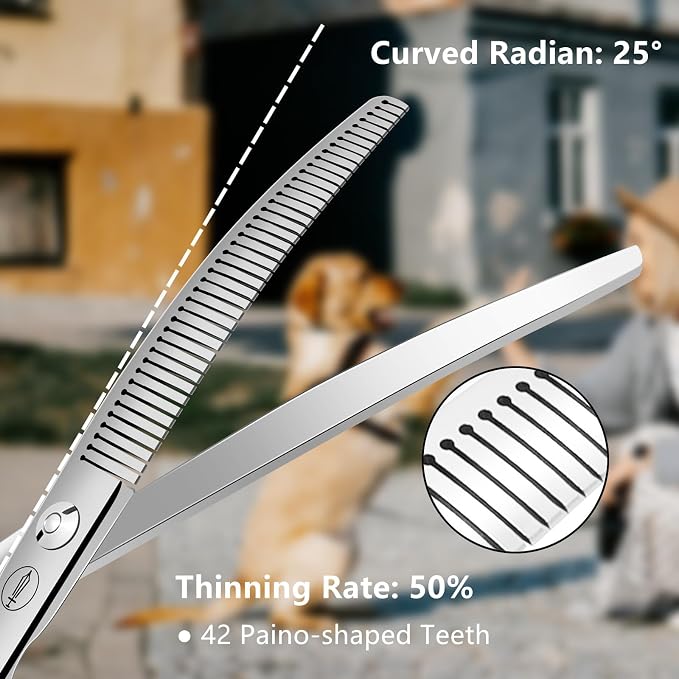 HASHIMOTO Curved Fluffer Scissors for Dog Grooming, 42 Teeth, 50% Thinning Rate, 7.0 inch, Light Weight, Designed to Remove Bulk Quickly While Leaving a Natural Finish for Groomers.