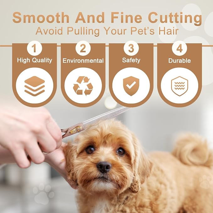 Professional Dog Grooming Scissors Rose Gold 440C Stainless Steel Straight Thinning Curved Chunker Shears for Pet Grooming Services Dogs and Cats (Thinning, 7.5‘’)