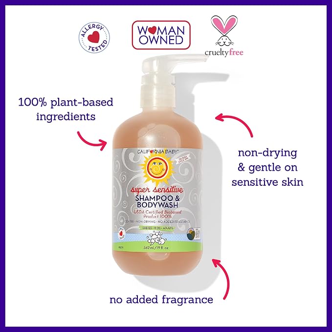 California Baby Super Sensitive Shampoo and Body Wash - Hair, Face, and Body | Gentle, Fragrance Free, Allergy Tested | Dry, Sensitive Skin, 19 Ounces