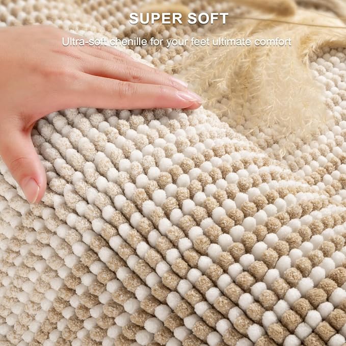 BSICPRO Bathroom Rugs and Mats Sets, 2 Piece Thick Absorbent Chenille Bath Mat Rug Set Non Slip, Soft Shaggy Bath Room Floor Mats for Bathroom, Machine Washable (20" x 32" Plus 16" x 24", Beige)