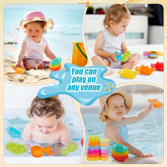 AMCHSURI 11 Pack Mold Free Bath Toys, Open Seamless Quick Dry Design, Stackable Scoops & Floating Boats, Water Play Toys for 12 18 Months & 1-3 Years Old Toddlers, Bathtub Pool Water Table Toys