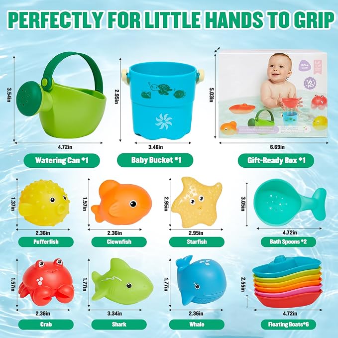 16PCS Baby Bath Toys for Kids Ages 1-3, Mold Free No Hole Bath Toy Set, Easy Clean Bathtub Pool Water Table Toys for 1 2 3 Year Old, Floating Boats Bucket Watering Can Bath Toys for Babies 12+ Months