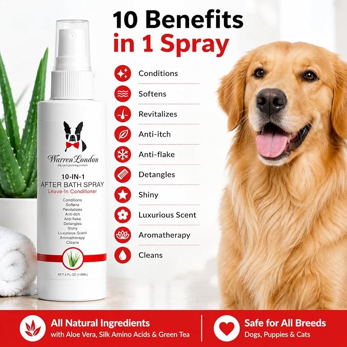 Warren London 10-in-1 After Bath Dog Spray | Leave-in Conditioner & Detangler for Dogs | Aloe Vera, Silk Amino Acids & Green Tea | Fresh Scent | 4oz Travel Size | Made in USA