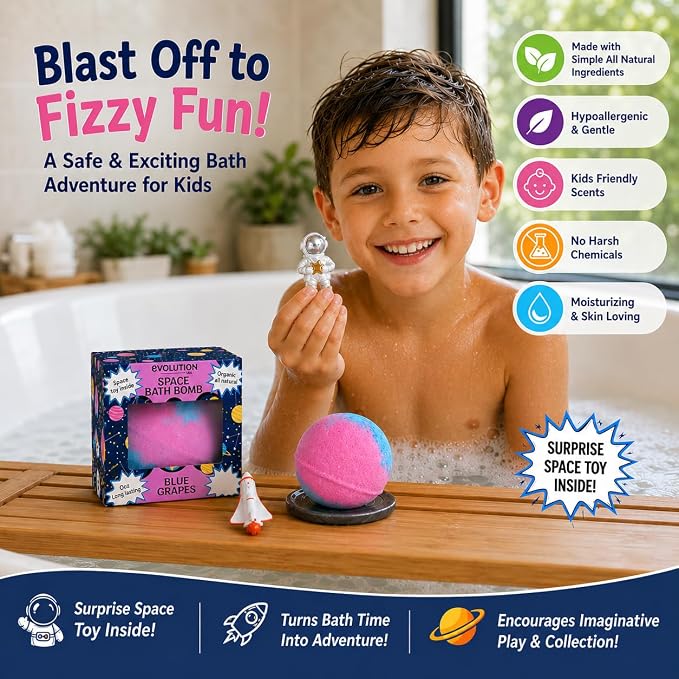EvolutionUSA 1 Space Bath Bomb for Boys & Girls - Planet Bath Ball with Toy Hidden Inside, Organic Hypoallerganic Space Childrens Bathbomb, Cosmic Fun Bath Bomb Gift Set Birthday, Christmas, Easter