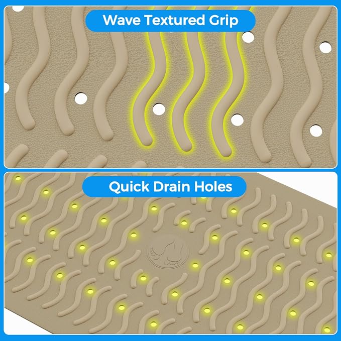 Non Slip Bathtub Mat & Shower Mat, 31x15'' Anti Slip Bath Mat for Tub, Soft TPE Anti-Skid Bathroom Mat with 194 Suction Cups & Drain Holes, Wave-Textured Grip, Machine Washable,Brown