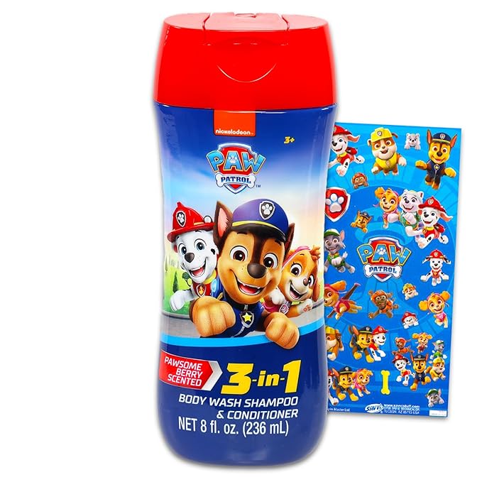 Paw Patrol Kids Shampoo, Conditioner, Body Wash 8 Oz Bottle - Bundle with 3-in-1 Berry Scented Body Wash, Shampoo & Conditioner Plus Stickers | Paw Patrol Bathroom Set