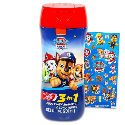 Paw Patrol Kids Shampoo, Conditioner, Body Wash 8 Oz Bottle - Bundle with 3-in-1 Berry Scented Body Wash, Shampoo & Conditioner Plus Stickers | Paw Patrol Bathroom Set