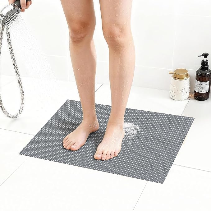 Extra Large Non-Slip Shower Mat, Fast-Dry PVC Bath Stall & Tub Mat, Drain-Hole Design,for Shower Stall Tub for Elderly/Kids，Non Slip Bathroom Safety Accessory，Gray 16"x24"