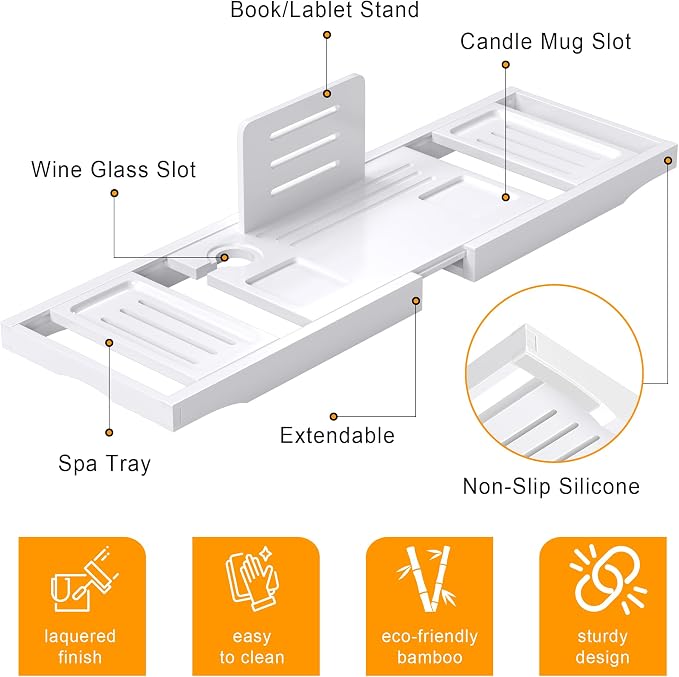 Bathtub Tray Caddy,Premium Bamboo Expandable Bath Tub Trays Table, Foldable Bathroom Accessories,Great House Warming, Anniversary and Birthday Gifts,White
