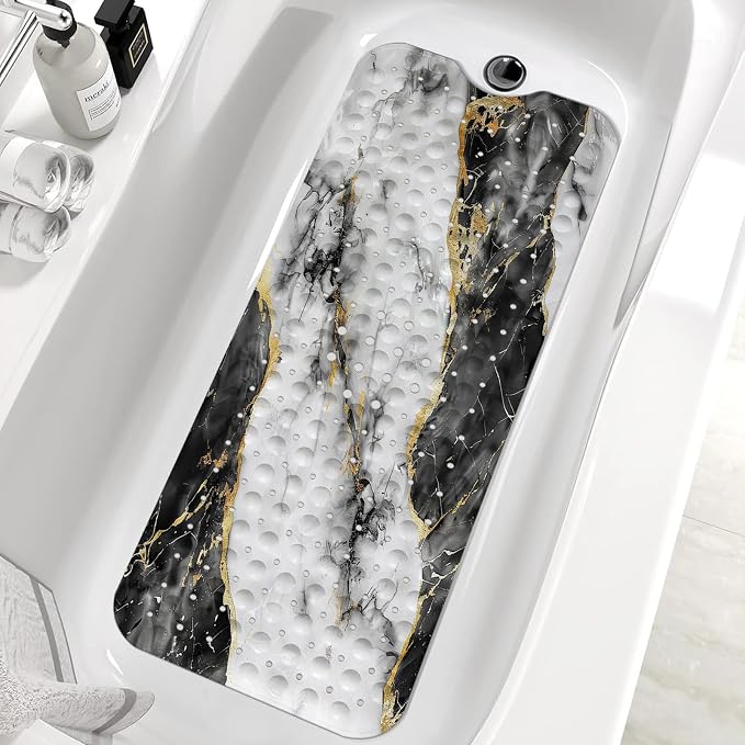 Marble Bath Tub Mat Non Slip, Blcak Gold White Marble Non Slip Bath Mat for Shower, Large Washable Shower Mats for Showers with Drain Holes and Suction Cups,40 X 16 Inch