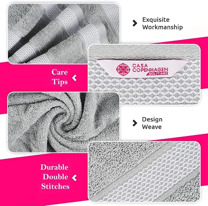 CASA COPENHAGEN Solitaire 6Pcs 100% Egyptian Cotton Large Designer Towels Gift Set- Grey Violet - White, 600GSM, 2Bath 2Hand 2Washcloths, Bath Towels for Bathroom Set for Women & Men