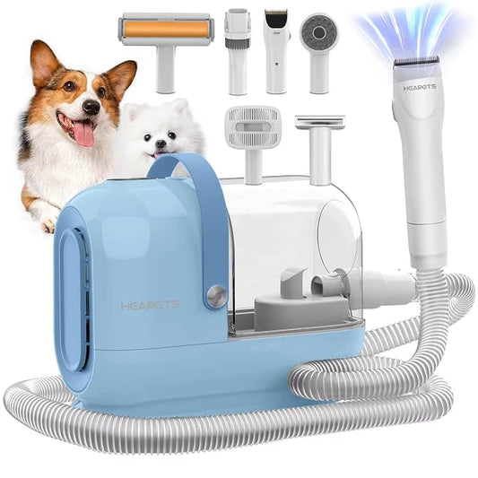 HEAPETS Dog Grooming Vacuum Kit - 3L Vacuum with 7 Tools, Low Noise Electric Clipper and Brush for Pet Shedding at Home, Blue