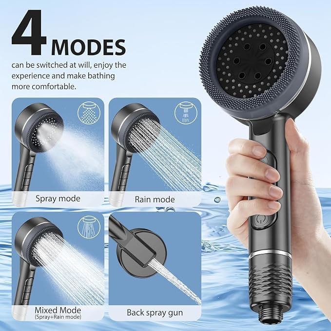 High Pressure Shower Head, High Power Shower Head and Hose Set with 3 Filters, 59‘’ Hose & Bracket, 4 Spray Modes & Pause Switch, Hard Water Filtered Showerhead with Handheld, Light Gray