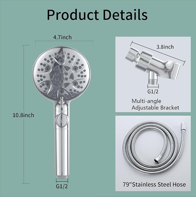 Handheld Shower Heads with ON OFF Switch,Extra Long 79-inch Hose 8 Spray Settings High Pressure Detachable Showerhead,Built-in Power Sprayer to Clean Pets, Adjustable Angle Bracket,Silver