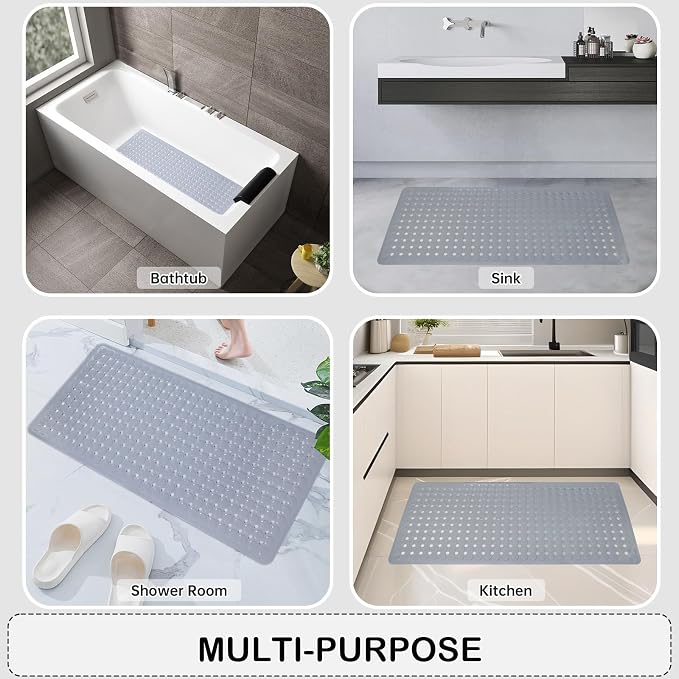 Non-Slip Bathtub and Shower Mats, Power Grip Bath Mat 35 x 16.3 Inch with Suction Cups and Drain Holes for Tub Bathroom Floor Safety, Machine Washable Soft Bathmat, Gray