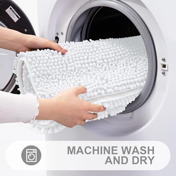 Grandaily Chenille Striped Bathroom Rugs 59x35, Extra Thick and Absorbent Bath Mats, Non-Slip Soft Plush Shaggy Shower Carpet, Machine Wash Dry, Bath Rug for Bathroom, White