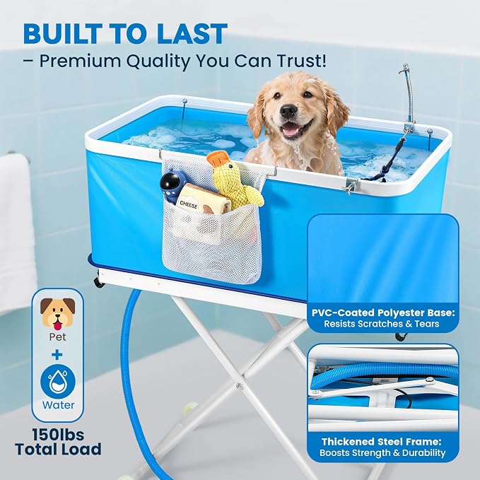 Foldable Dog Bathing Tub with Wheels, Adjustable Height 0-26.8" Pet Wash Station, Portable Dog Bath Tub for Large Dogs Up to 90lbs, with Drain & Storage Bag