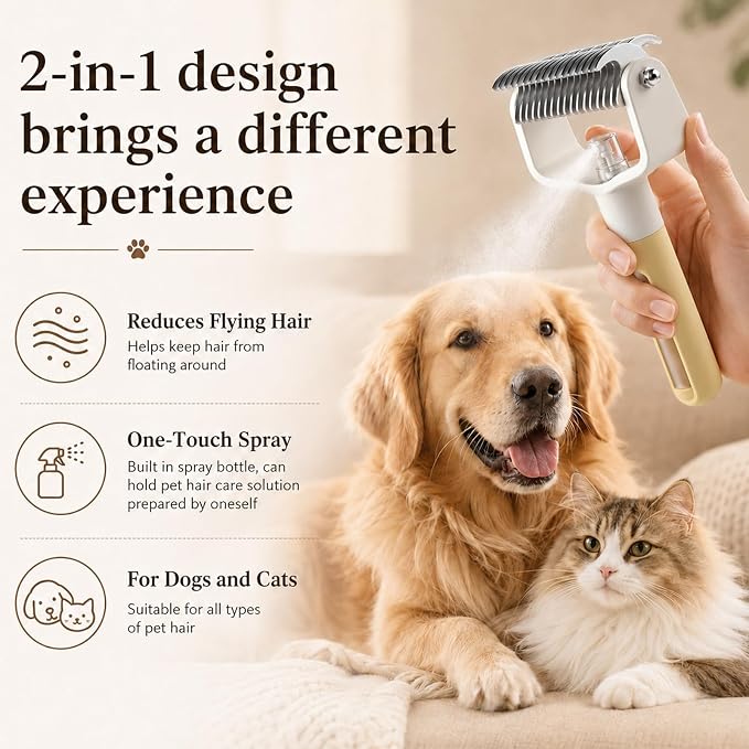 Dual-Sided Pet Grooming Comb,Double Sided Dematting Comb for Dogs & Cats, 2‑in‑1 Professional Pet Grooming Brush Deshedding Dog Brush with Spray Design (2PCS, Pink+ Blue)