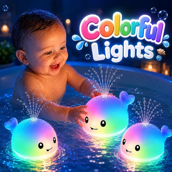 Gigilli Baby Bath Toys, Magnetic Rechargeable Bath Toys for Kids, Toddler Bathtub Pool Water Table Toys Sprinkler, Infant Boy Girl Gifts, Light Up Whale Bath Toy for Babies