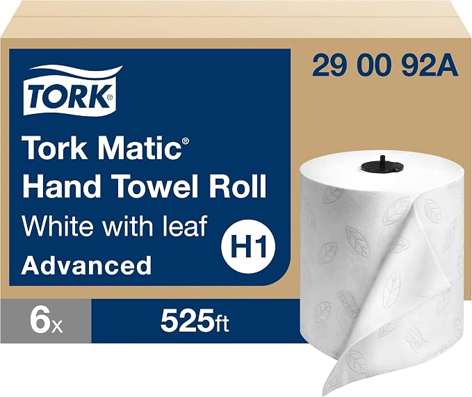 Tork Matic Hand Towel Roll, White With Gray Leaf, H1, 100" Recycled Fiber, 2-Ply, 6 Rolls x 525 ft - 290092A & Mini Jumbo Bath Tissue Roll - Toilet Paper Towels, 12 rolls x 1075, 2-Ply Sheets, White