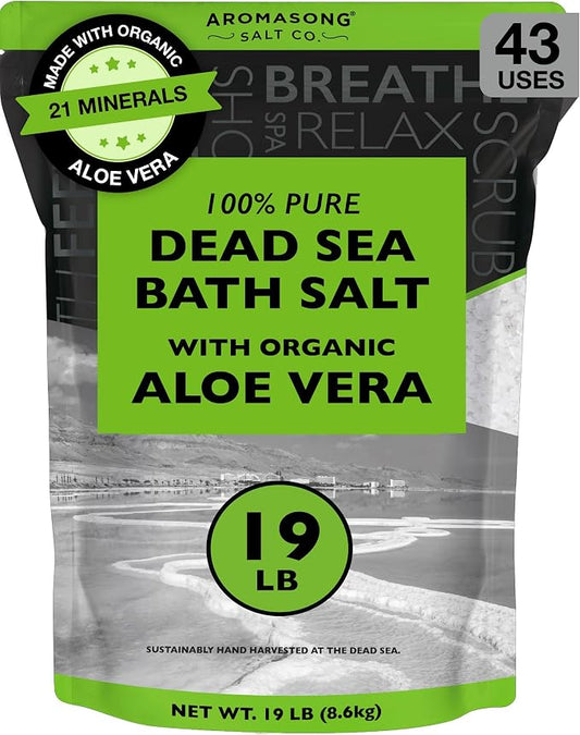 Aromasong Dead Sea Salt with Organic Aloe Vera, Spa Bath Salts, 19 Lbs Fine Bulk resealable Pack, 100% Pure & Natural, Soak for Women & Men for Tired Muscles & Skin Issues (Packaging May Vary)