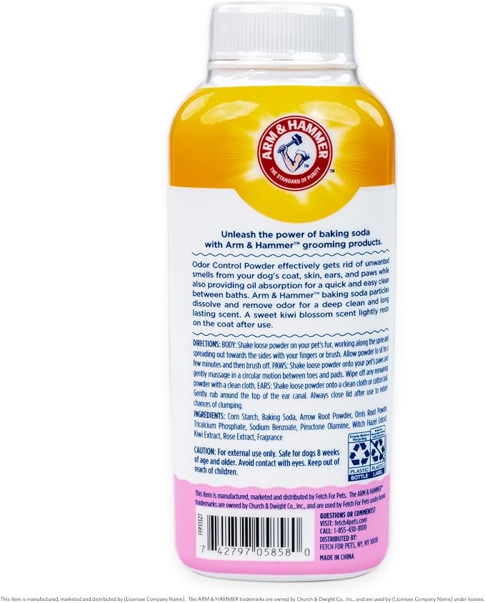 Arm & Hammer for Pets Odor Control Dry Shampoo Powder for Dogs and Puppies Waterless Dog Deodorizer Baking Soda Paraben Sulfate Dye Free Kiwi Blossom Scent 4.2 OZ at Home Travel Routine