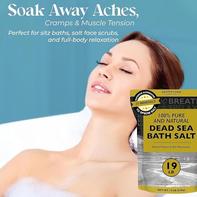Aromasong Dead Sea Bath Salt - 100% Pure & Natural Dead Sea Salts for Soaking Coarse Grain 19 LB - Bulk Resealable Pack (Packaging May Vary) Used for Body wash Scrub - Soak for Women & Men.