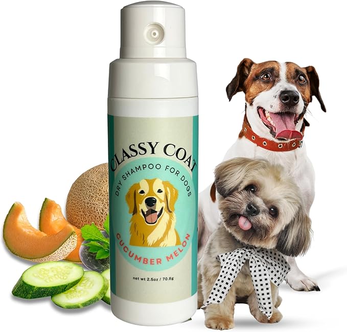 Dry Shampoo & Coat Deodorizer for Dogs (Cucumber Melon) | Waterless No-Rinse Squeeze Bottle Powder Formula | Calming Lavender Scent | Talc and Alcohol Free | Safe for Sensitive Skin | Made in USA