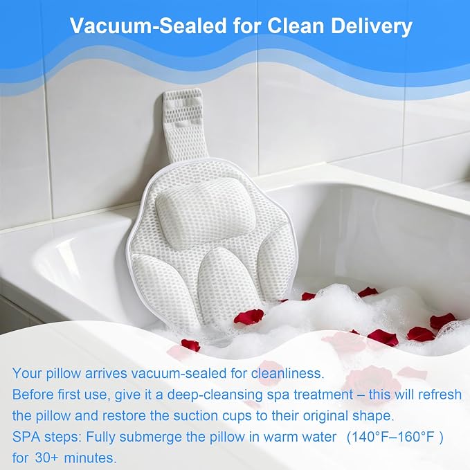 Extra Thick Petal-Shaped Bath Pillow for Head, Neck and Backrest, Extra Thick, Polyester, White, Anti-Slip Suction Cups, Washable, Luxury Spa Bathroom Accessories (Standard Store Size)