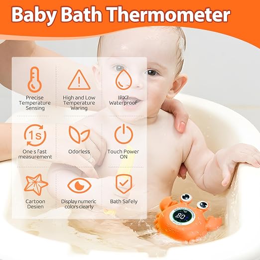 Baby Bathtub Thermometer with LED Display Screen+Orange Crab toy-2-in-1 | Color Coded Alarm (Cold/Comfortable/hot) Bath Temperature Monitor, Adorable Floating Toys for Infants, Essential for Babies